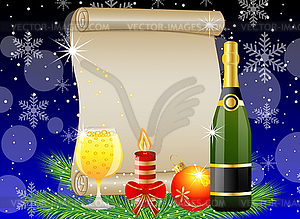 Festive postal with champagne and christmas - vector image