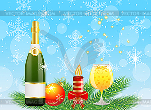 Festive postal with champagne and christmas - vector image