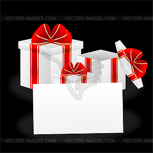 Gift boxes and sheet of paper with mestome for text - vector clipart