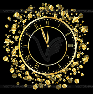 Clock on black background with gold spangles - vector image