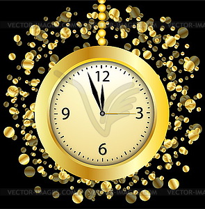 Clock on black background with gold spangles - vector clip art