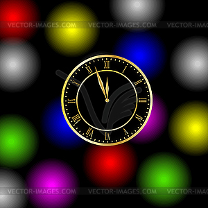 Clock on bright christmas background - vector clipart