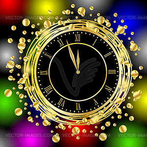 Clock on bright christmas background with gold - vector clipart