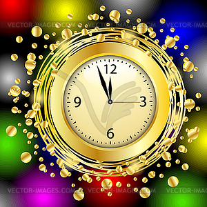 Clock on bright christmas background with gold - vector EPS clipart