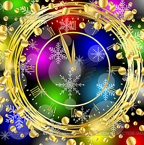 Clock on bright christmas background with gold - vector image