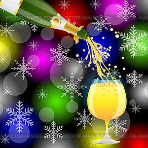 Christmas postal with bottle of champagne and glass - vector image