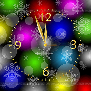 Clock on bright christmas background - vector image