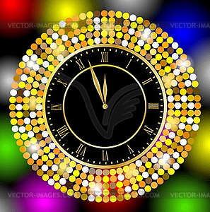 Clock on bright christmas background with gold - vector clip art