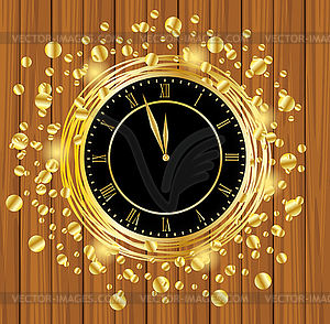 Clock on wooden background with gold spangles - vector clip art