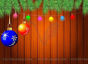 Wooden texture with branches of christmas tree and - vector clipart / vector image