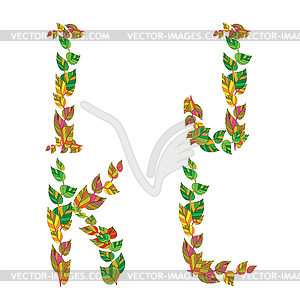 English alphabet made ​​up of branches and leaves - vector clip art