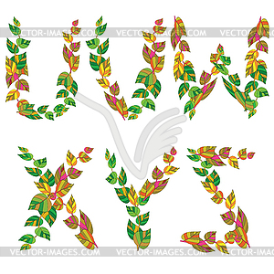 English alphabet made ​​up of branches and leaves - vector image