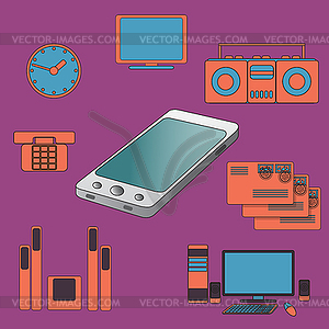 Many functions carries modern mobile phone - vector image