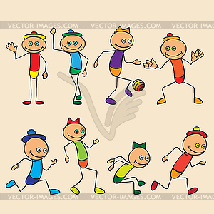 Little toy men play, run, jump - vector clipart