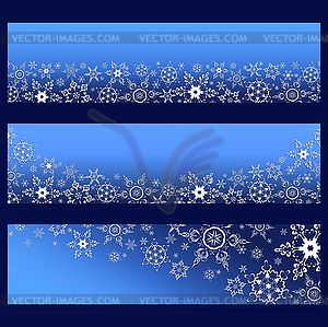 Set of blue banners with 3d white ornate snowflakes - vector clipart
