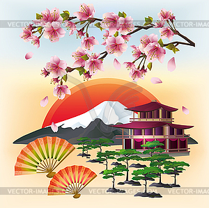 Beautiful Japanese background with sakura and fans - vector clipart