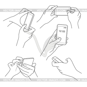 Hand holding smartphone sketch s - vector clipart