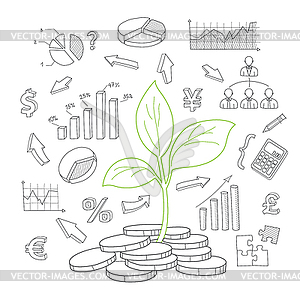 Money tree sprout and financial symbols sketch - vector clip art