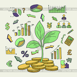 Money tree sprout and financial symbols sketch - vector image