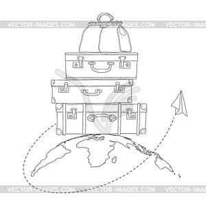 Flying air plane around travel suitcases on planet - royalty-free vector image