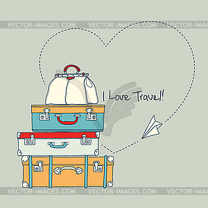 Flying paper plane around travel suitcases - royalty-free vector image