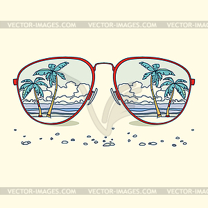 Reflection of beach, palm trees, beach in sunglasses - vector image