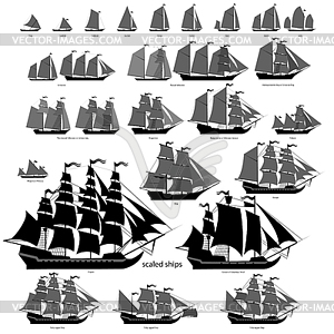 Ships set with separate editable elements - white & black vector clipart