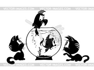 Kittens, fish and parrot - vector image