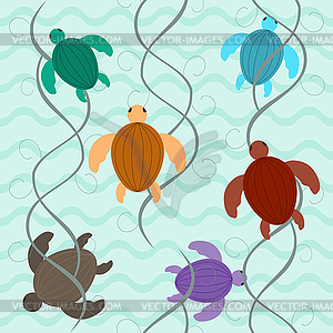 Charming aquatic turtles floating underwater - vector image