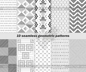 10 seamless geometric black and white patterns - vector image