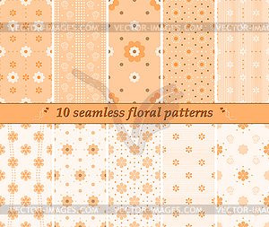 10 бесшовных милые цветочные узоры в оранжевых тонах - векторный рисунок