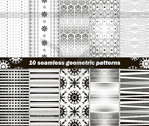 10 seamless geometric black and white patterns - vector clipart