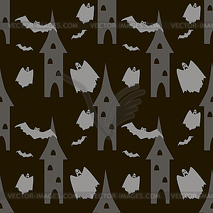 Seamless pattern of bats and ghosts flying around - vector clipart