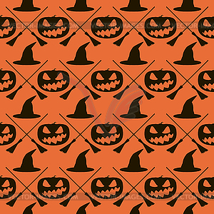 Pattern of witches hats, broomsticks and evil - vector clipart