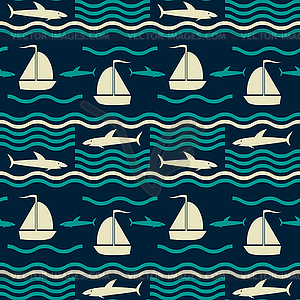 Nautical pattern with waves, sharks and sailboats - royalty-free vector clipart