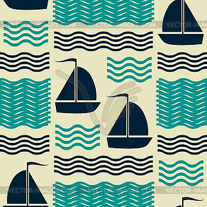 Nautical pattern with waves and sailing yachts - vector image