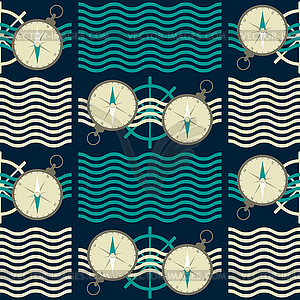 Seamless nautical pattern with waves and compasses - vector clipart