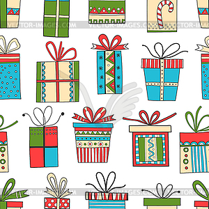 Seamless pattern of gift packages, Christmas gifts - color vector clipart