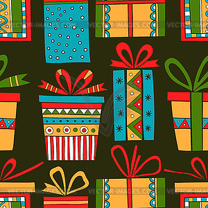 Seamless pattern of gift packages, Christmas gifts - vector clipart