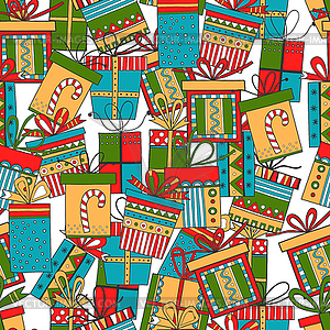 Seamless pattern of gift packages, Christmas gifts - color vector clipart