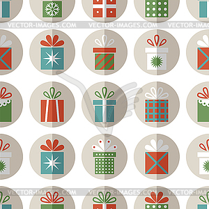 Seamless pattern of flat gift packages, Christmas - vector clipart