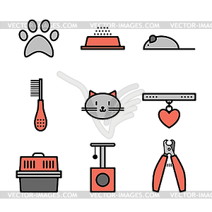 Set of pets icons, cat symbols - vector clipart