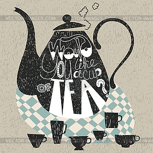 Decorative teapot and cups, would you like cup of - vector image