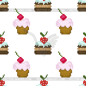 Seamless pattern, pixel cakes with fruits - stock vector clipart