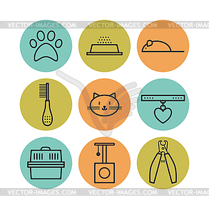 Set of pets flat icons, cat symbols for design - vector clip art