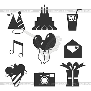 Black silhouette icons, happy birthday, holiday set - vector image