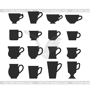 Set of mugs, black silhouettes of dishes, symbols - royalty-free vector image