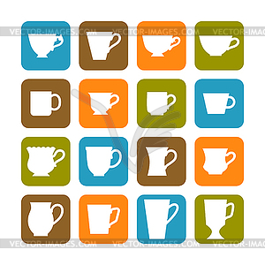 Set of flat mugs on colored background. Signs and - vector image