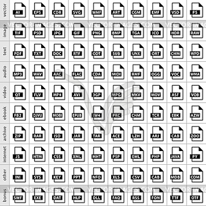 100 file types icons in simple flat style for graphic web design - vector image