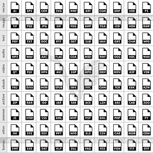 100 file types icons in simple flat style for graphic web design - vector clipart